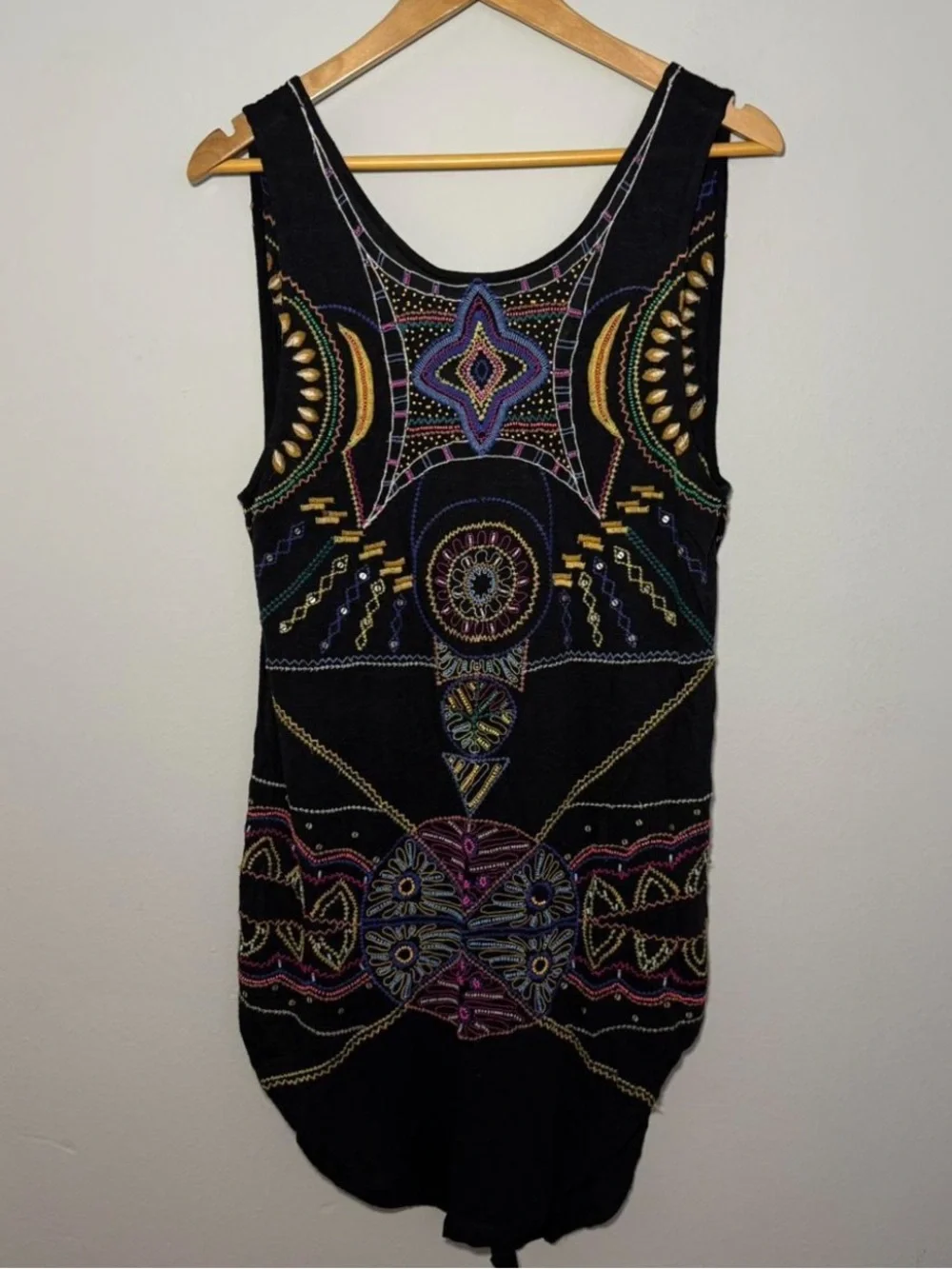 FREE PEOPLE Boho Embroidered Black Sleeveless Tunic Dress